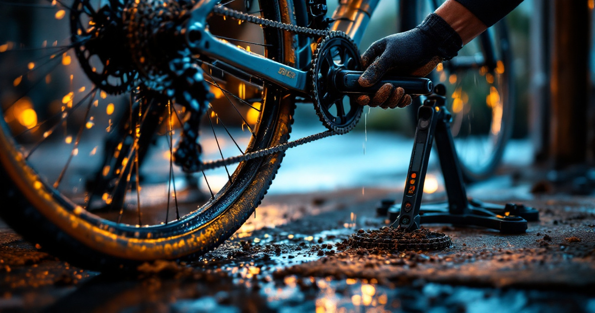 Mud-covered bike chain and chain checker in a garage after a wet ride