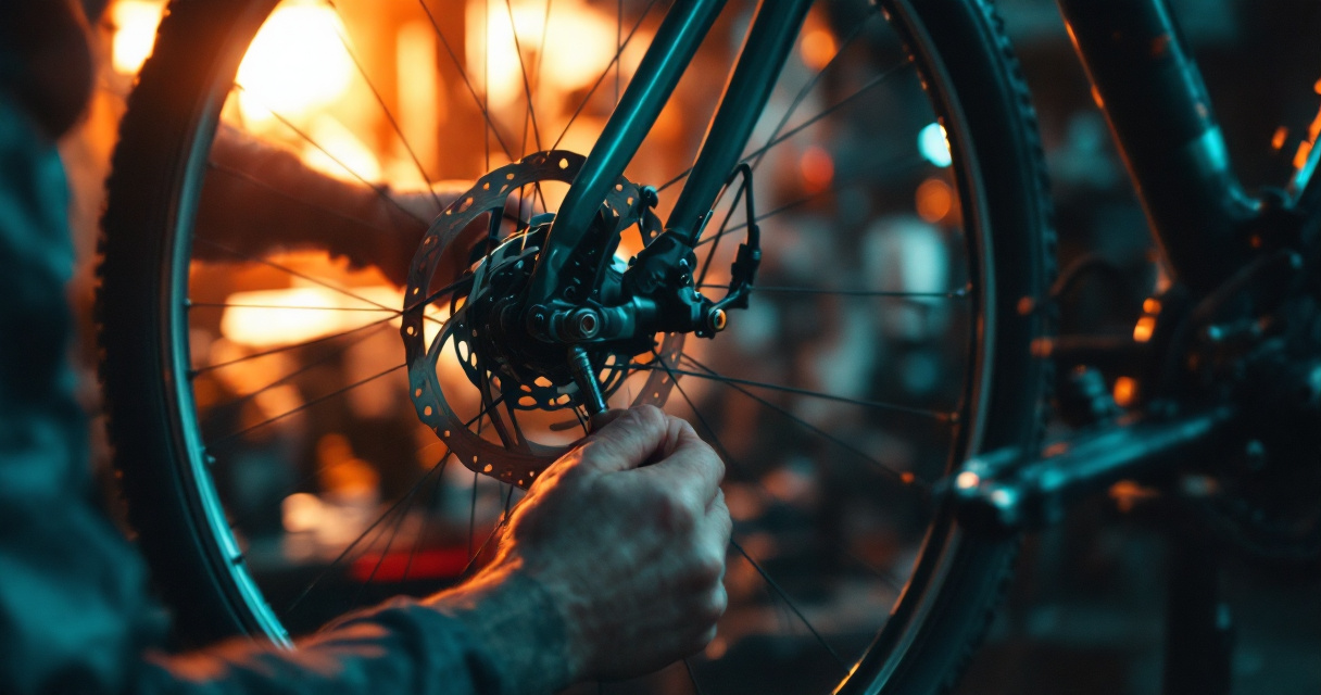 Over-the-shoulder view of centering rim brake pads and adjusting cable tension at home