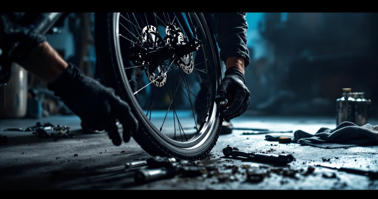 Low-angle scene of diagnosing brake rub and common post-adjustment bike brake problems