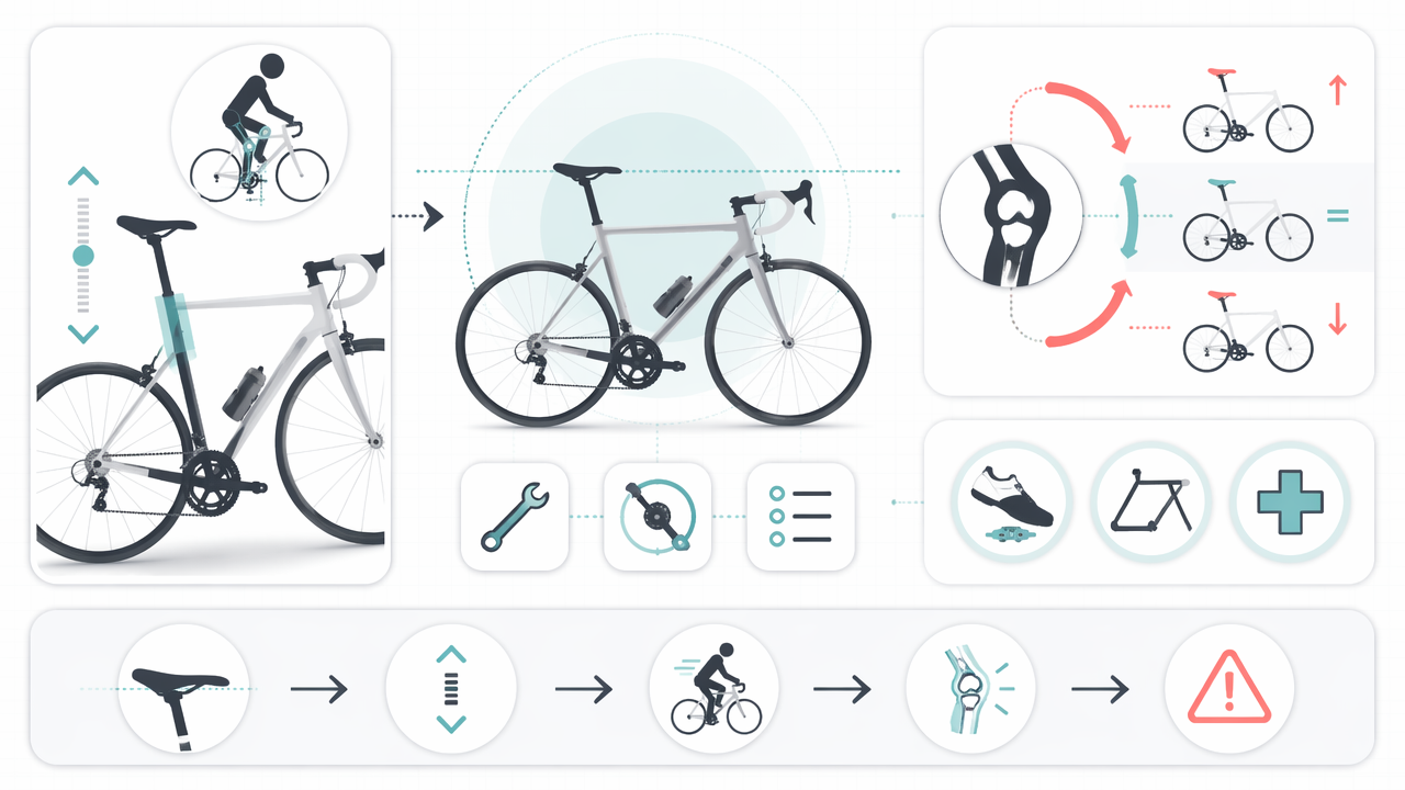 Infographic showing bike seat height adjustment steps for reducing knee pain, with saddle position, knee pain cues, cleat and bike fit checks, and a simple test-and-adjust flow.