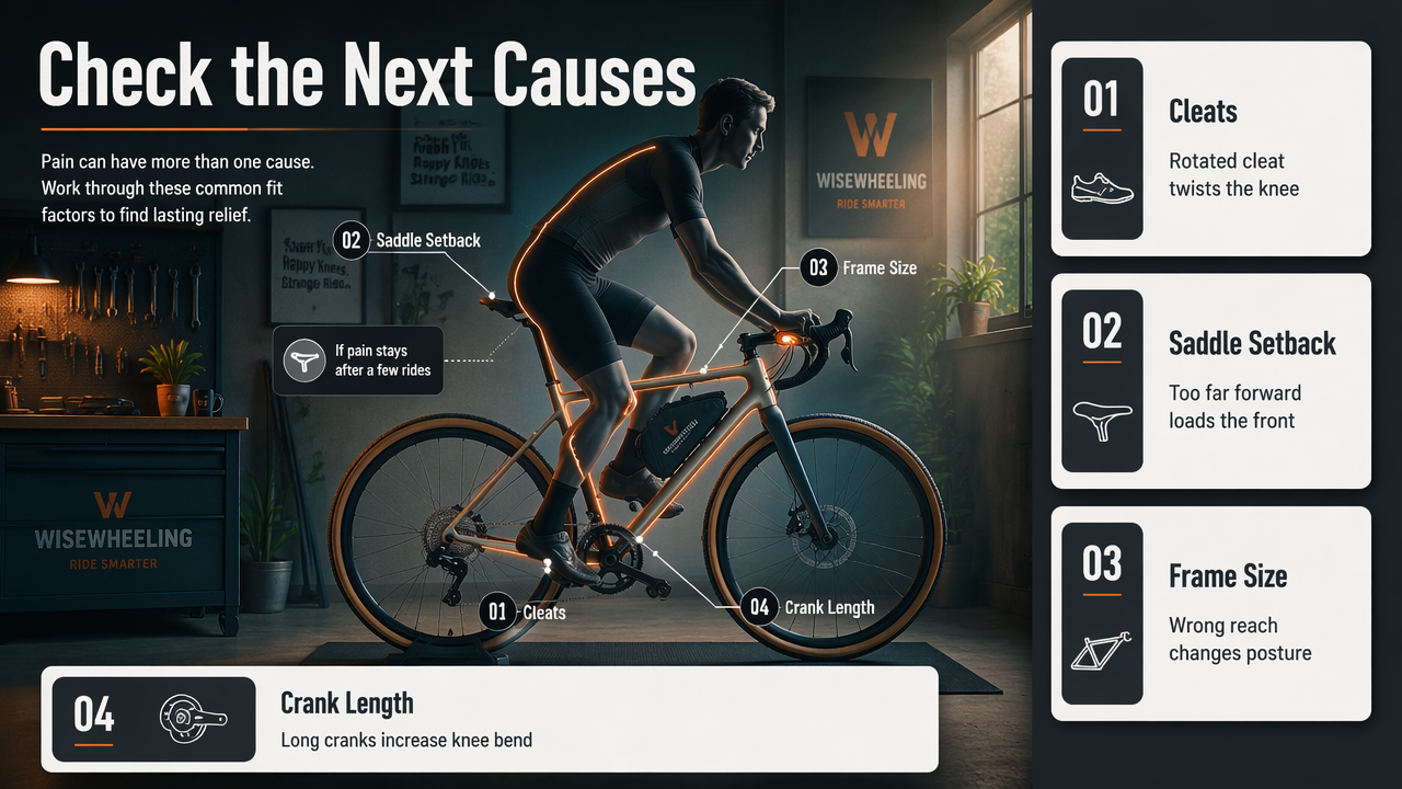 Bike fit troubleshooting diagram showing cleats, saddle setback, frame size, and crank length causes of knee pain.