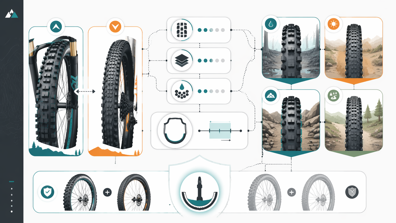 Infographic showing how to choose mountain bike tires for trail riding, with front and rear tire differences, tread, casing, compound, width, and tubeless setup.