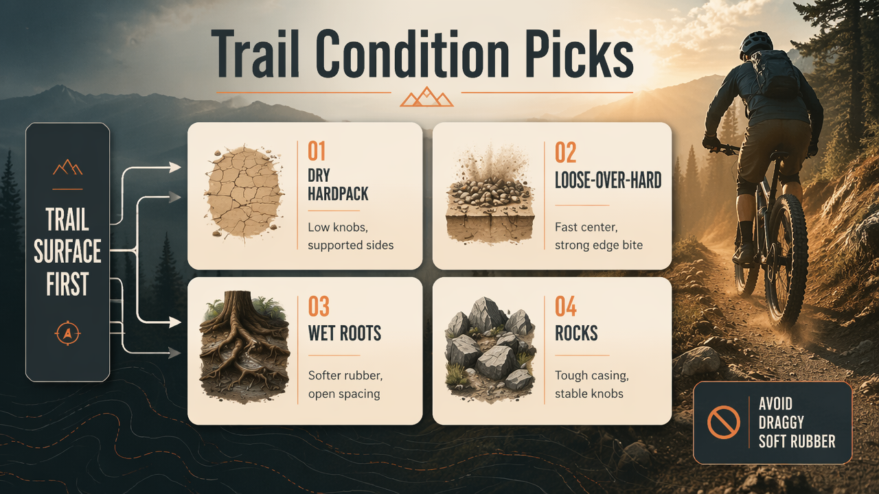 Infographic showing tire tread choices for hardpack, loose, wet roots, and rocks.