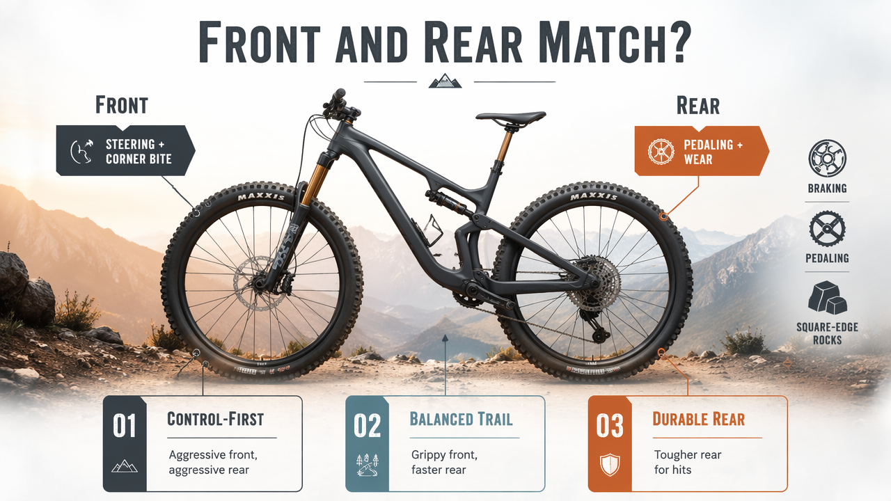 Annotated diagram comparing matching and mixed front and rear mountain bike tire setups.