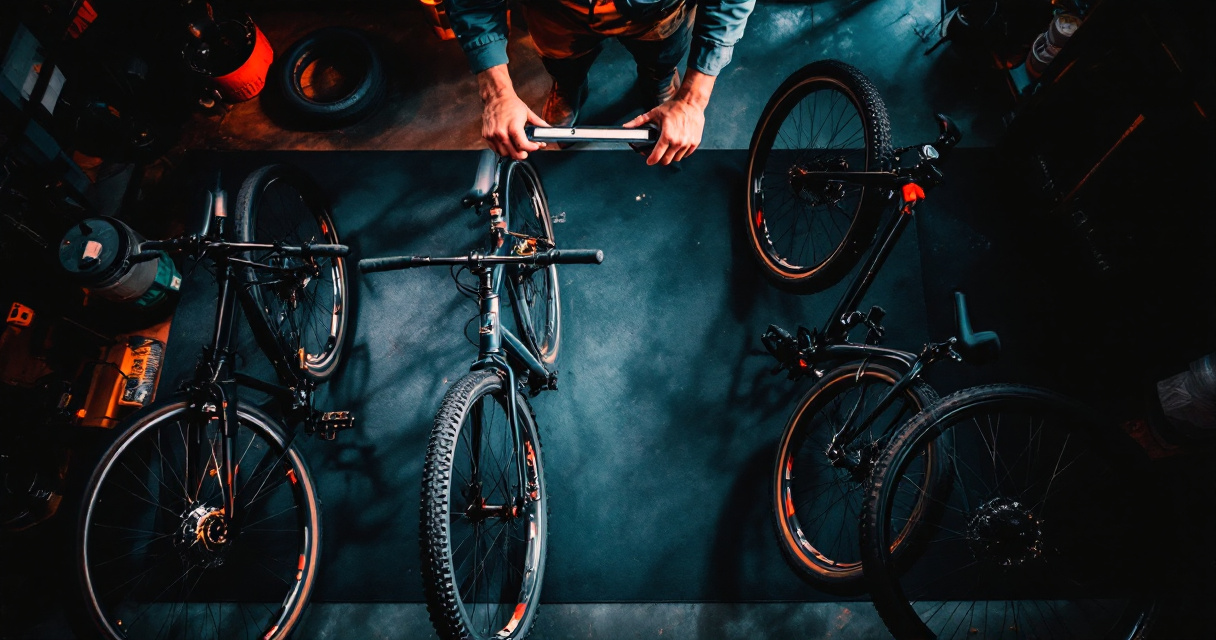 Road, hybrid, gravel, and mountain bikes showing different tire widths in a workshop