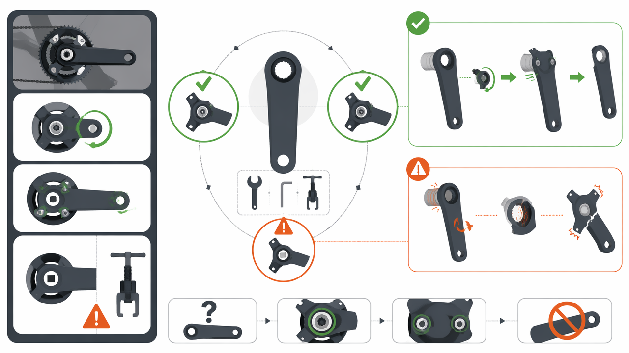 Infographic showing safe MTB crank removal options by crank type, with decision flow for self-extracting, pinch-bolt, and square-taper cranks.
