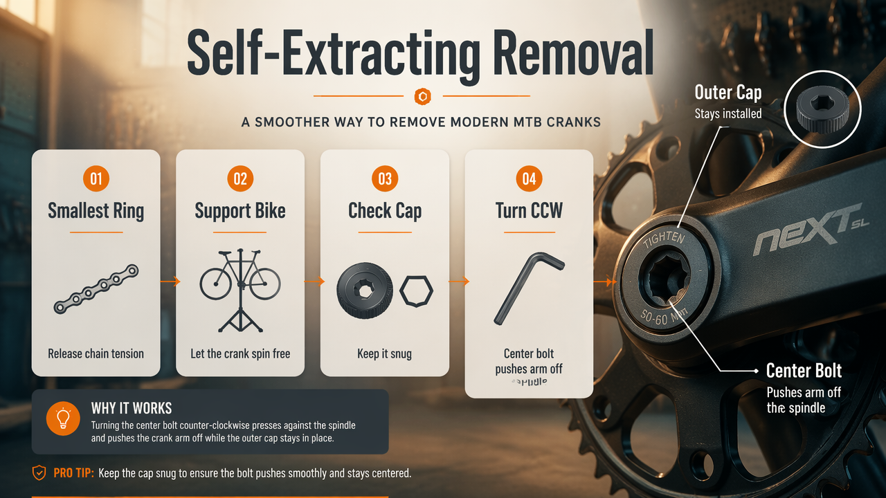 Inline infographic showing the safe self-extracting MTB crank removal steps without a puller.