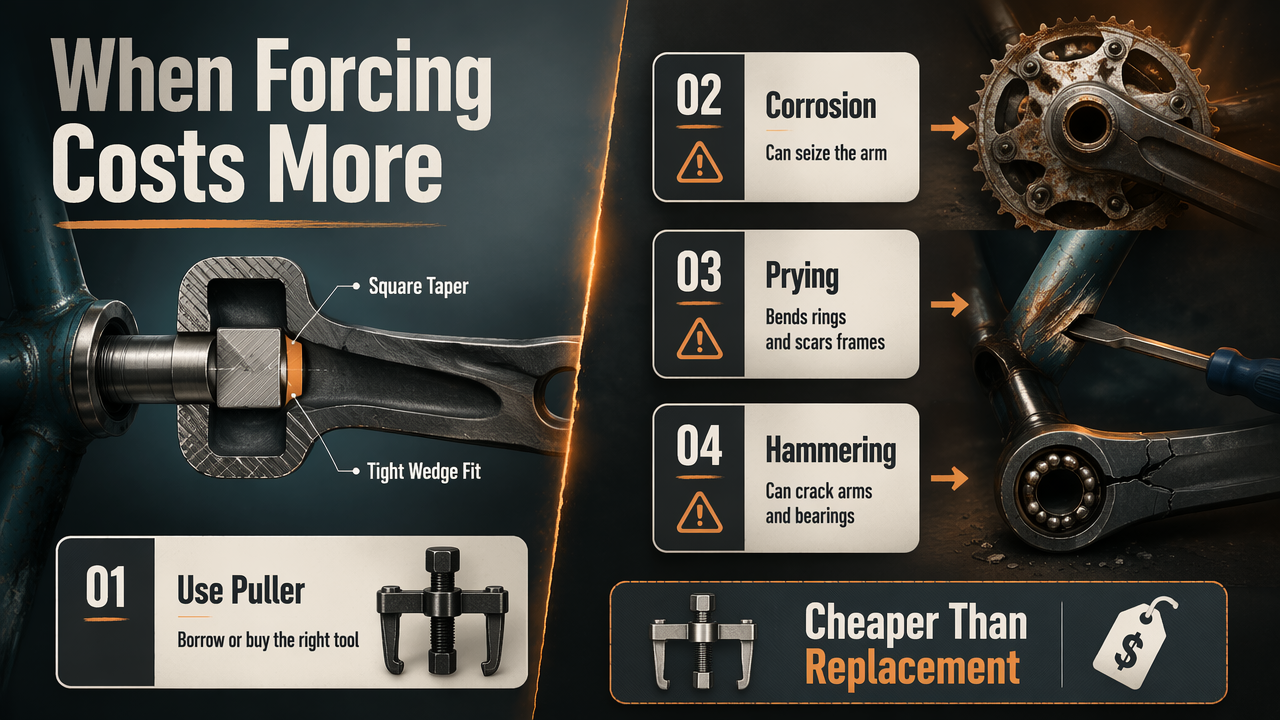 Warning infographic showing why prying or hammering a stuck MTB crank can cause expensive damage.