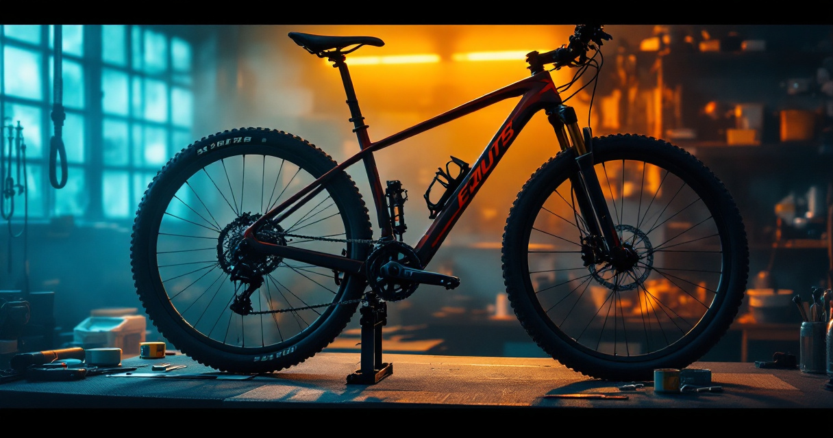 Mountain bike fit scene showing reach, stack, and seat tube relationship in a workshop