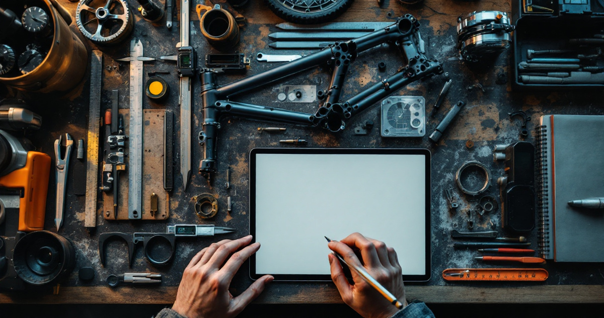 Overhead mountain bike geometry workspace showing tools used to understand frame measurements
