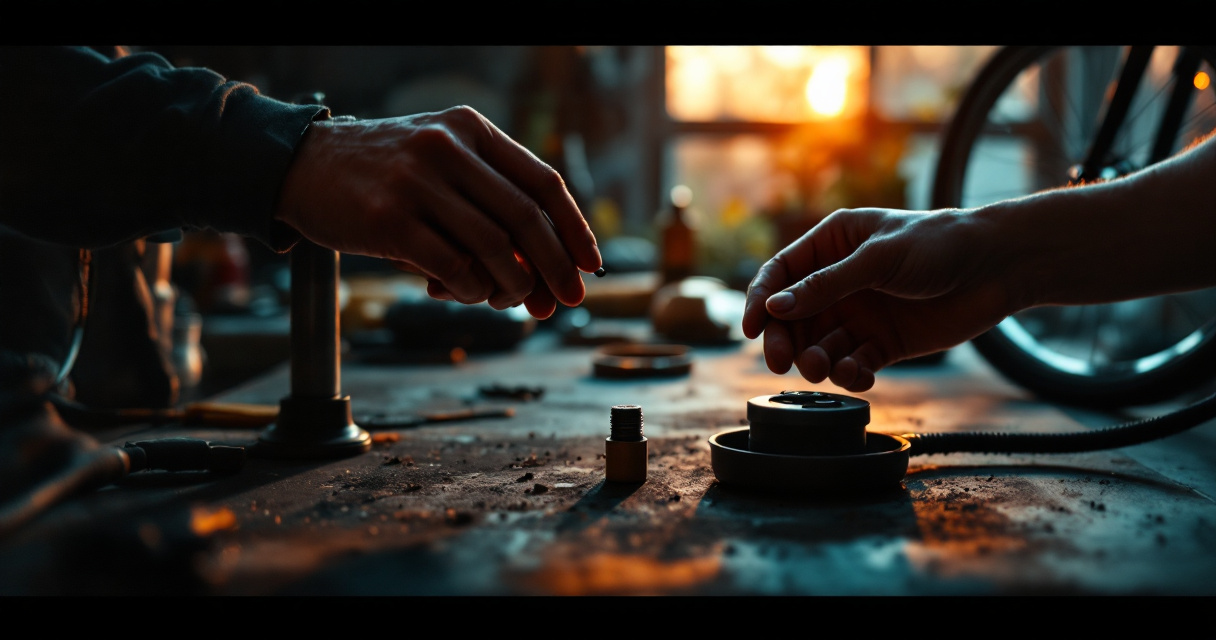 Hands comparing Presta and Schrader valves beside a bike pump on a garage workbench