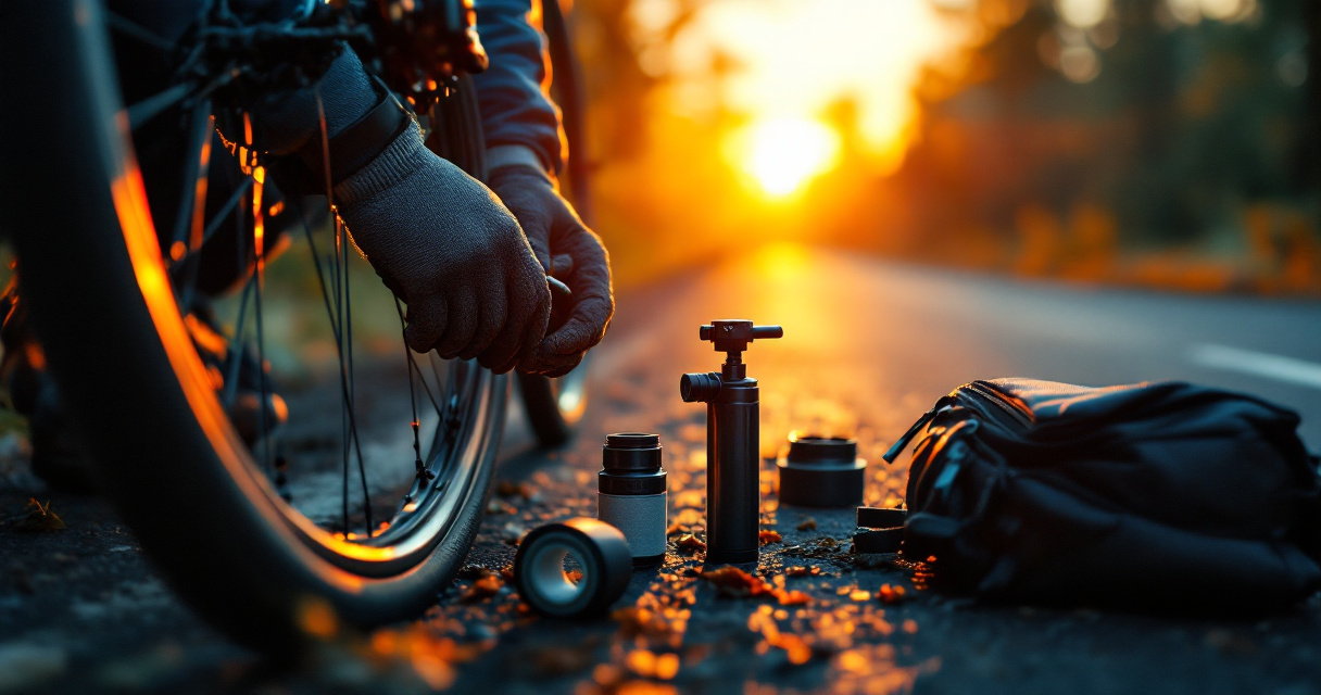 Roadside bike repair showing valve adapter and tubes for switching between valve types