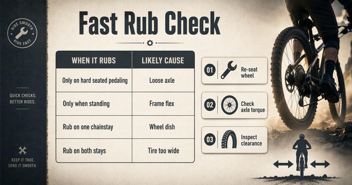 Infographic table showing fast diagnosis of rear tire rub under load.