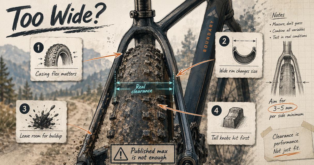 Annotated bike frame diagram explaining why a tire can be too wide in real riding.