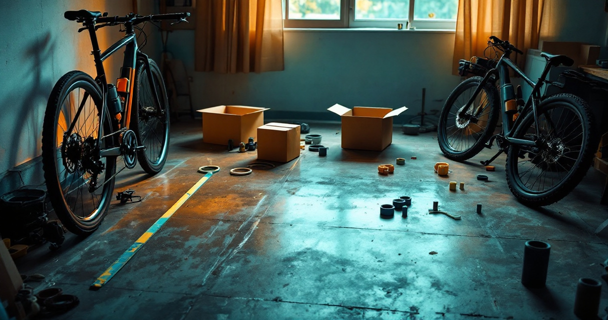 Different bike types beside shipping boxes of varying sizes in a workshop