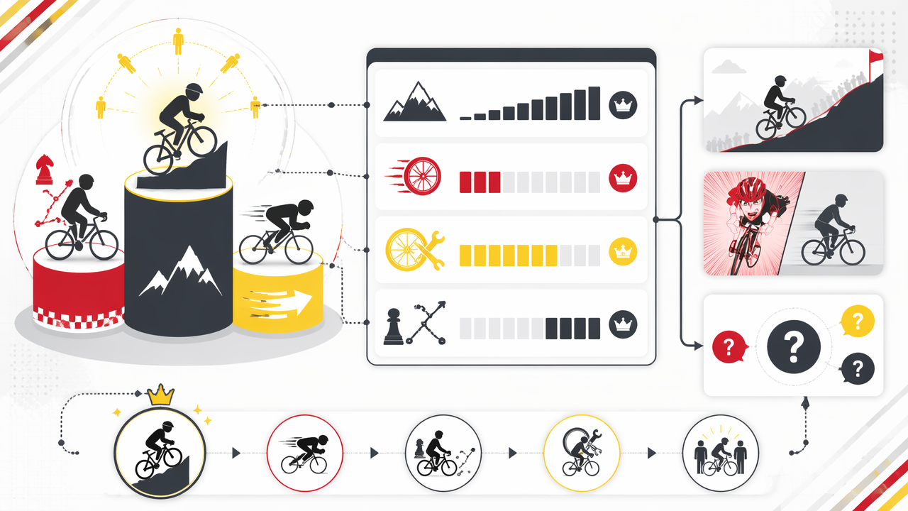 Infographic ranking the top Yowamushi Pedal cyclists by climbing, sprinting, tactics, all-round ability, and team impact, with Onoda emphasized as the overall best rider.