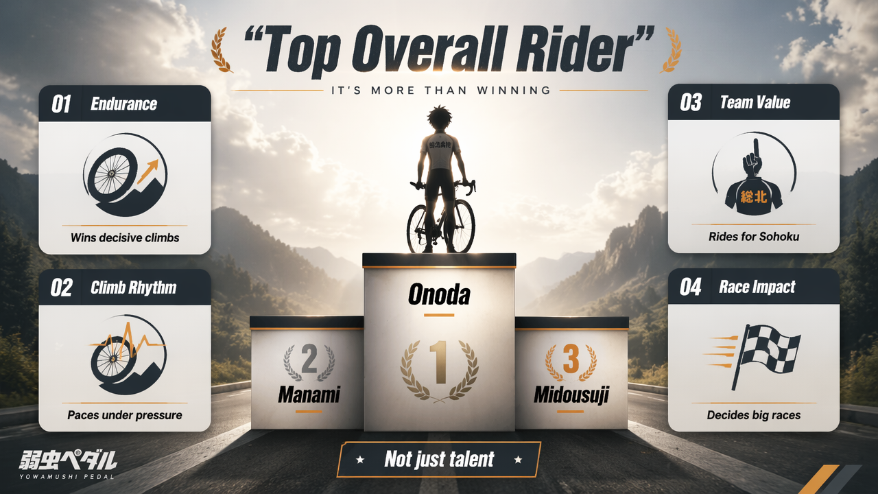 Infographic ranking Onoda above Manami and Midousuji for overall race impact.