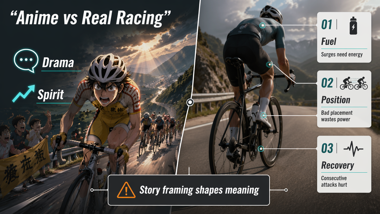 Split infographic showing how anime cycling differs from real race physiology and tactics.