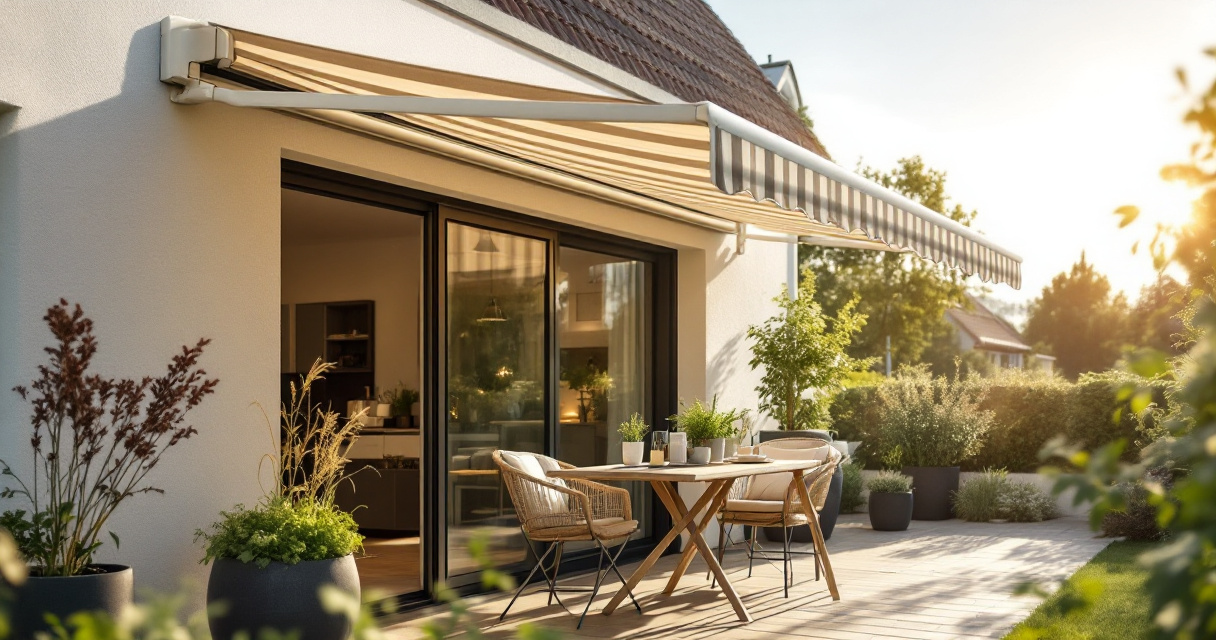 Extended patio awning shading a terrace on a sunny detached house