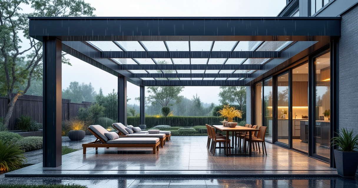 Custom terrace roof keeping a modern patio dry during summer rain