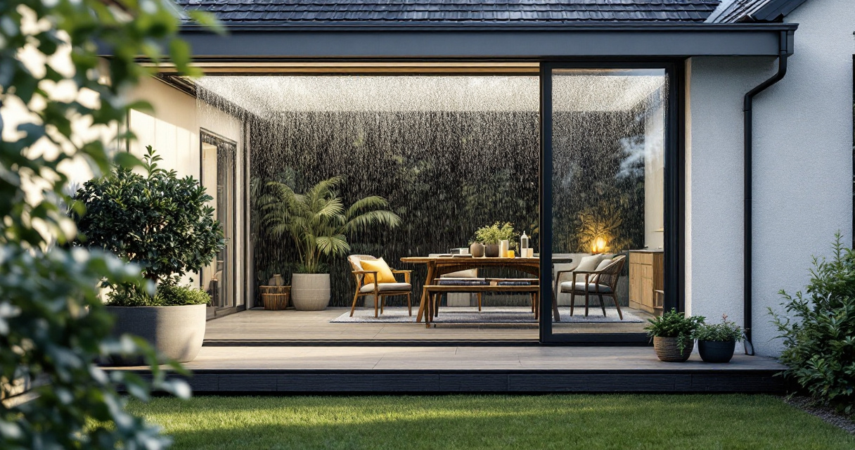 Fixed glass patio roof keeping a family terrace dry during light rain