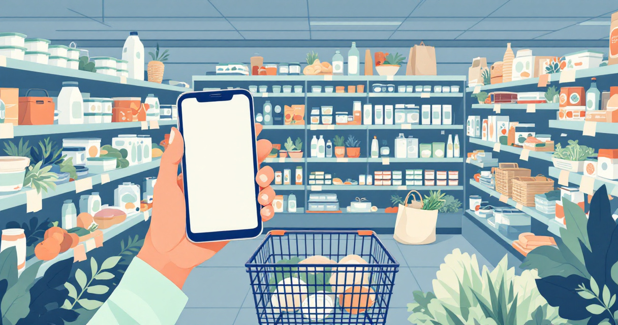 Macro meal planning app organizing groceries by aisle in a supermarket cart
