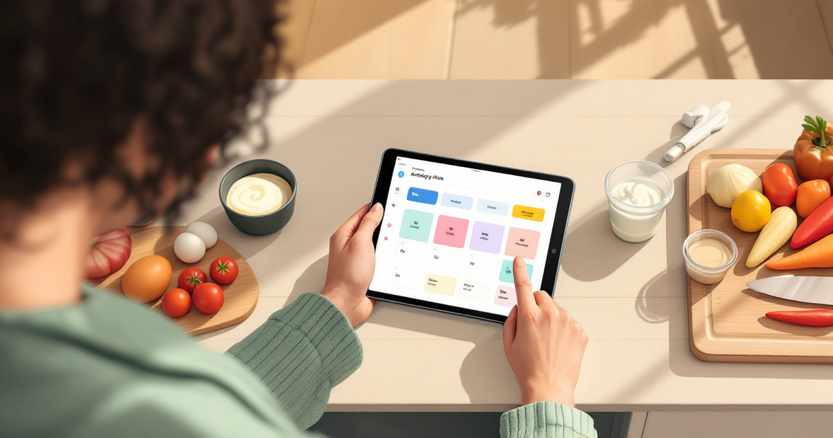 Tablet-based allergy-safe weekly meal planning setup in a modern kitchen
