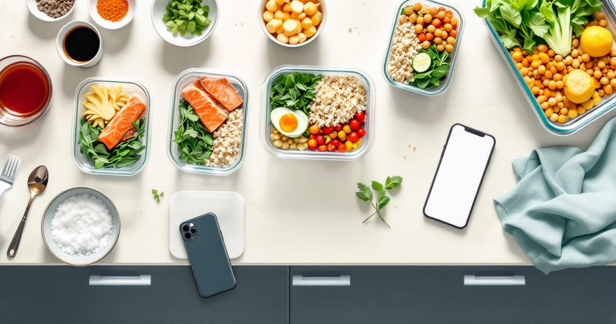 Portioned meal prep containers with separated ingredients and nutrition tracking tools