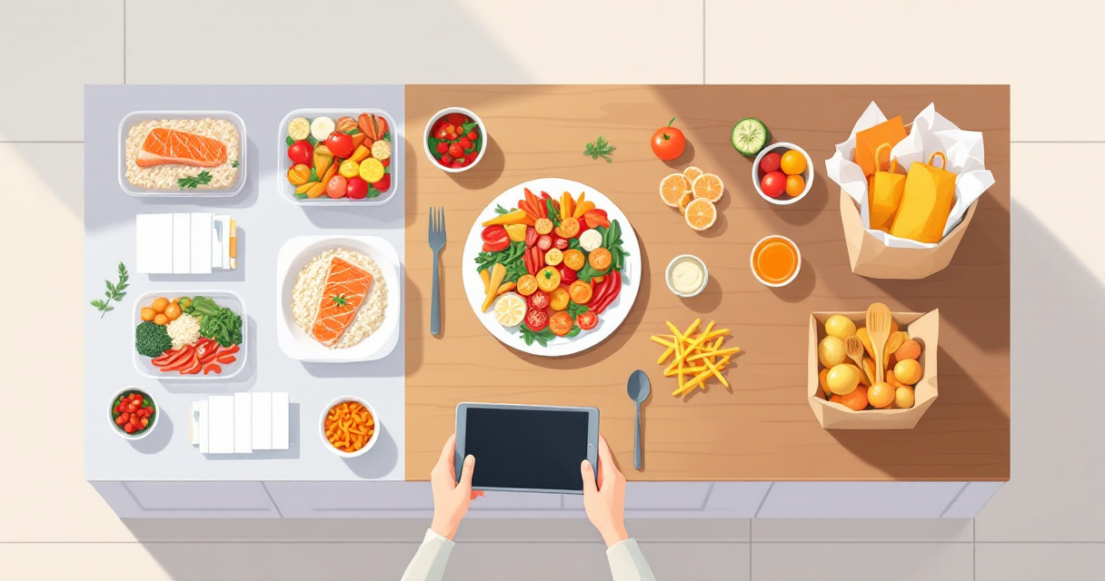 Editorial illustration of three meal planning goals: macros, family dinners, and grocery simplicity
