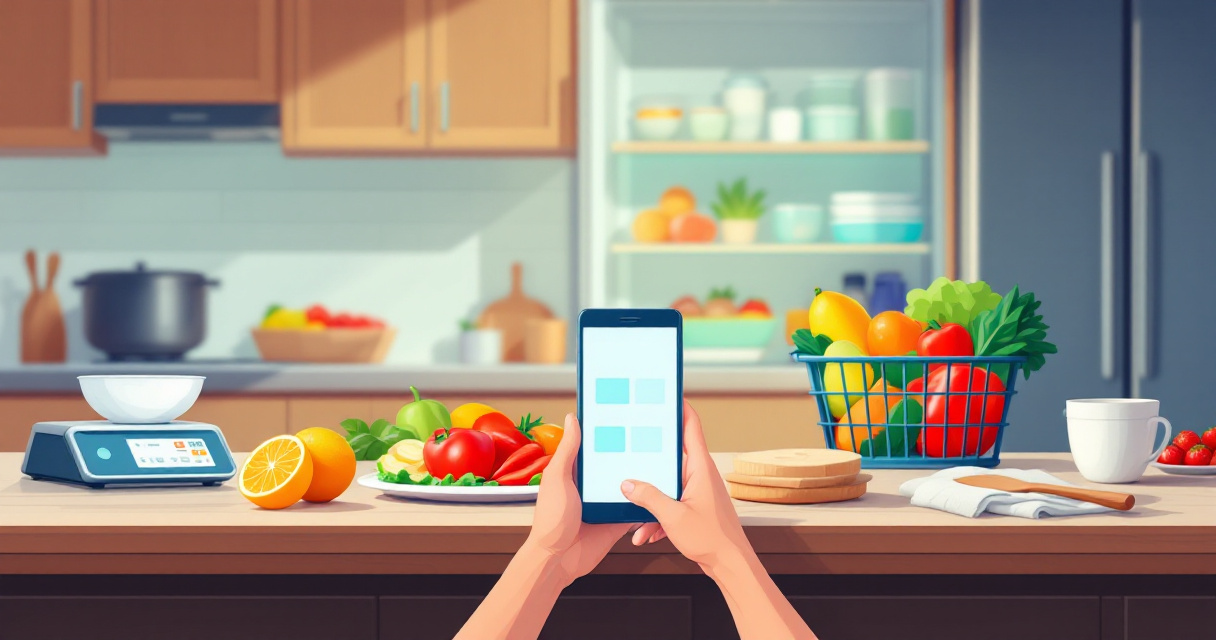 Editorial illustration of comparing meal planning app features with groceries, portions, and kitchen tools