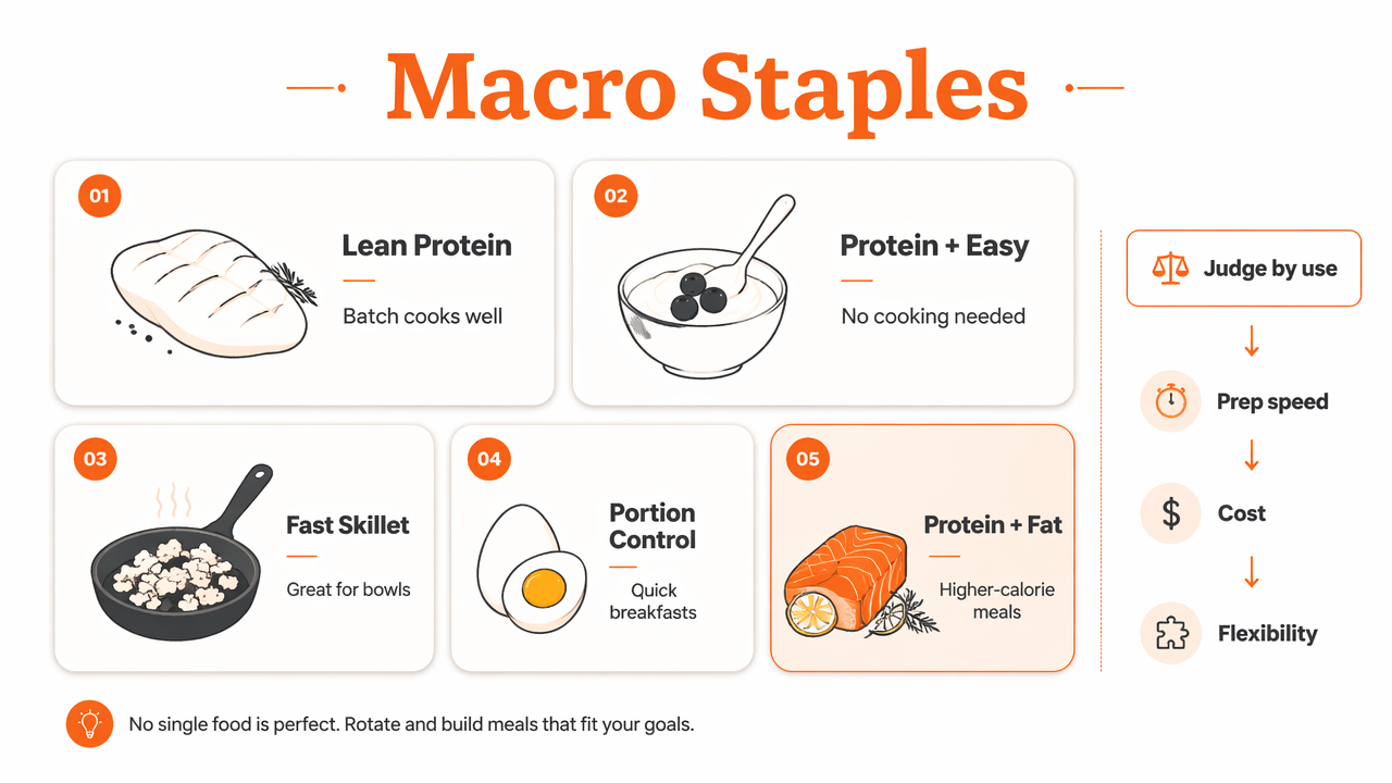 Editorial macro food chart comparing protein staples by prep speed and flexibility.