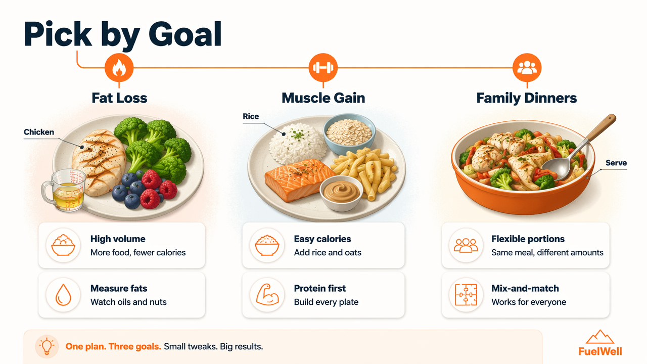 Annotated meal planning diagram showing macro food patterns for fat loss, muscle gain, and family dinners.
