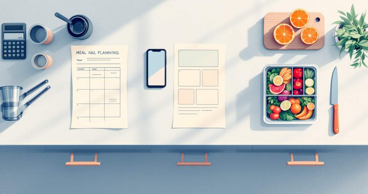 Editorial illustration comparing paper, app, and AI-assisted macro meal planning methods in a kitchen