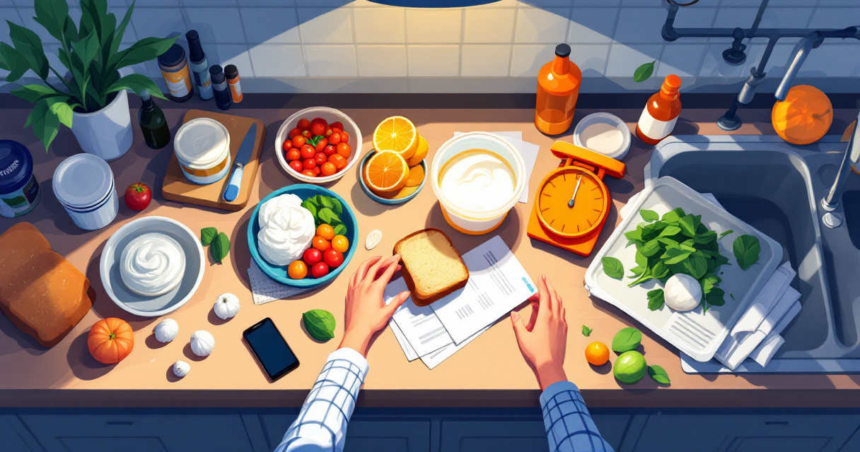 Illustration of a messy kitchen and rigid meal plan causing macro tracking frustration