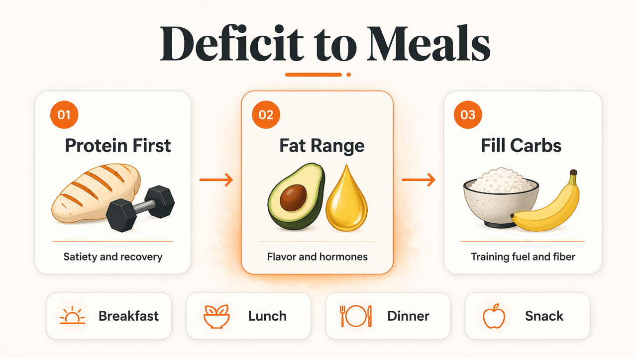Editorial infographic showing protein, fat, carbs, and meal timing in a calorie deficit plan.