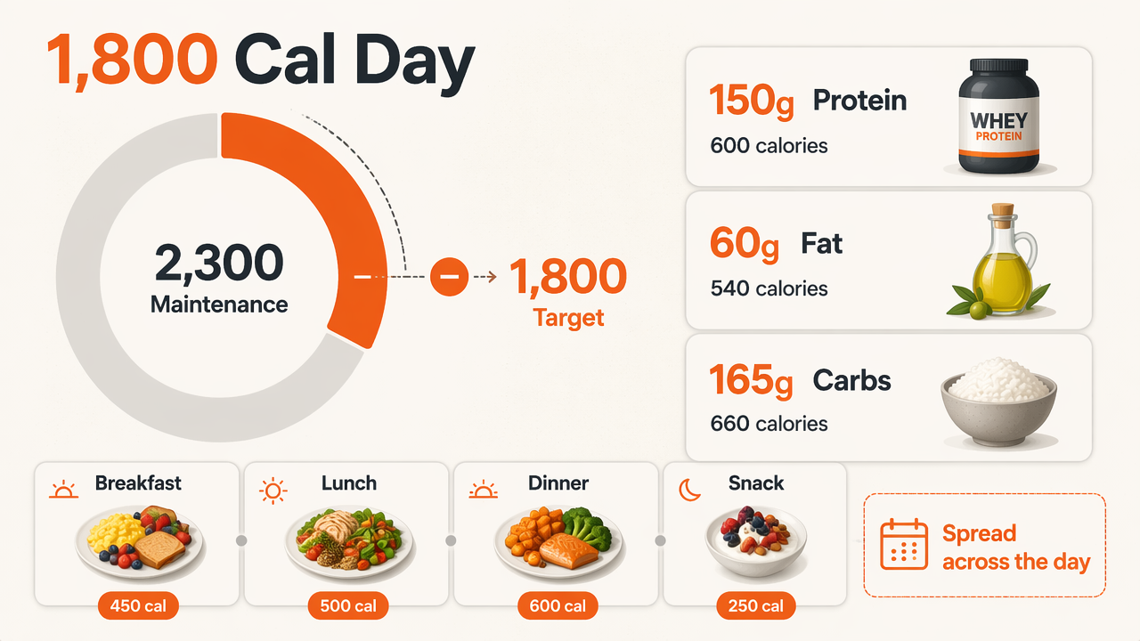 Dashboard-style infographic showing a 1,800-calorie deficit day with macros and meal timing.