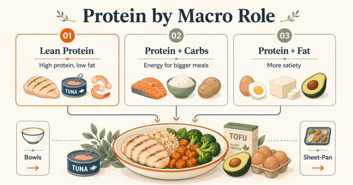 Editorial infographic of dairy-free protein sources grouped by lean, energy, and satiety roles.