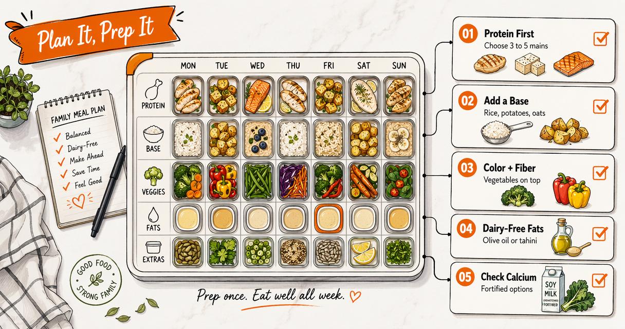Annotated meal prep board showing protein, bases, vegetables, fats, and calcium sources for a weekly plan.