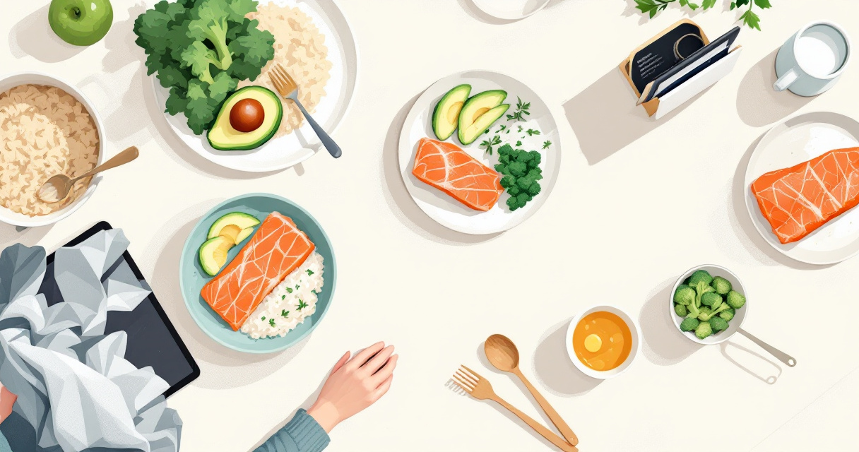 Overhead editorial illustration of family meal planning with macro-balanced dinner variations on a kitchen island