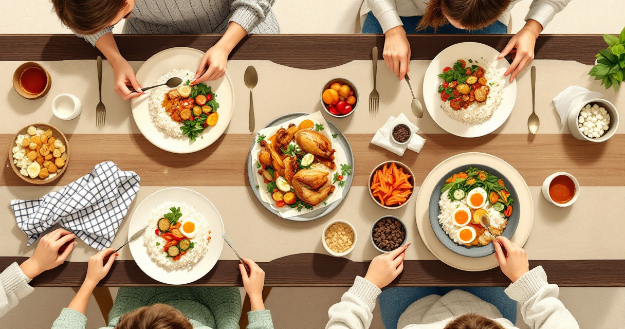 Top-down illustration of a family dinner adapted for allergies, picky eaters, and portion differences
