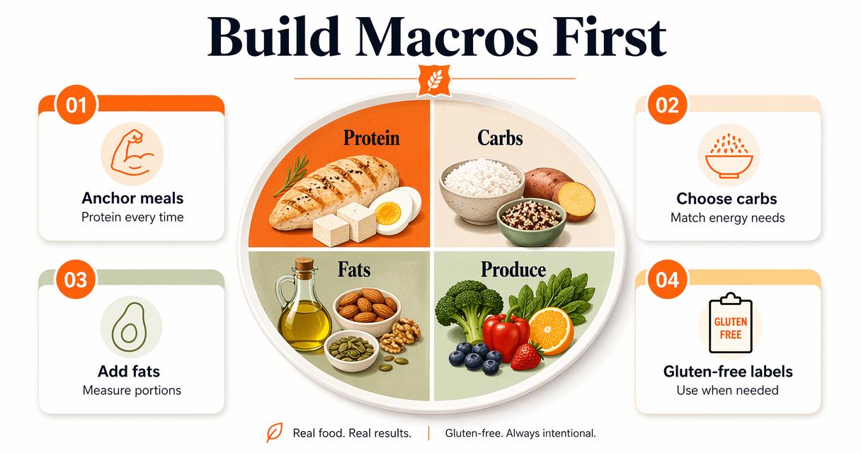 Editorial infographic of gluten-free macro building with whole foods and labeled meal zones.