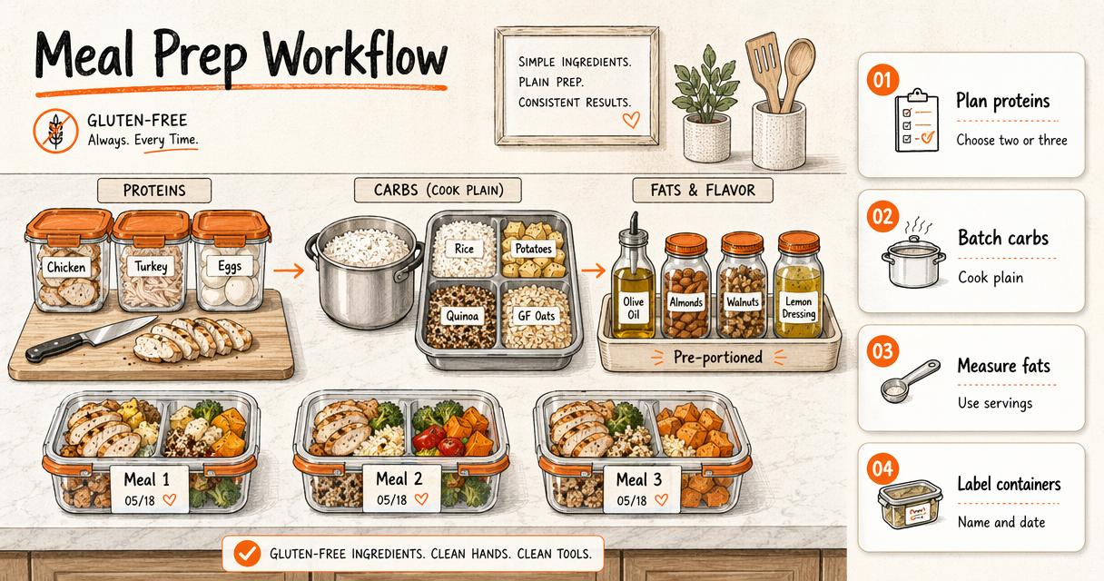 Annotated meal prep workflow showing proteins, carbs, fats, and labeled containers for the week.