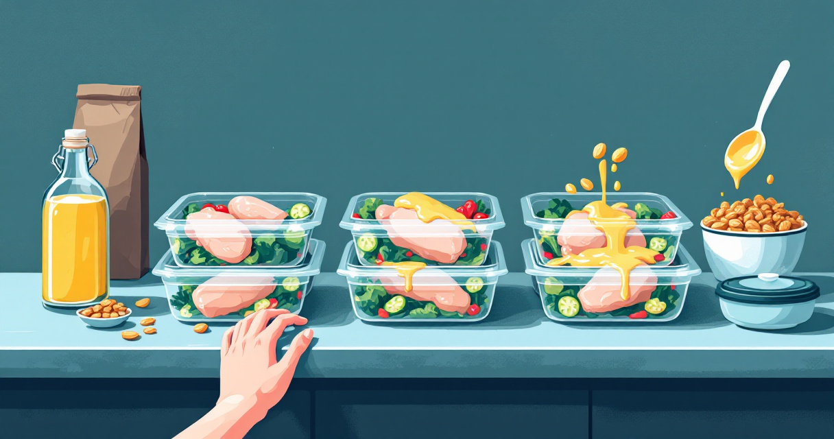 Unbalanced high protein meal prep with hidden calorie foods and too few vegetables