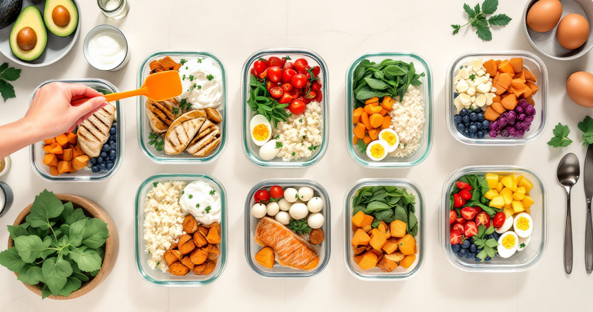 Meal prep containers organized around protein, carbs, and vegetables on a kitchen counter