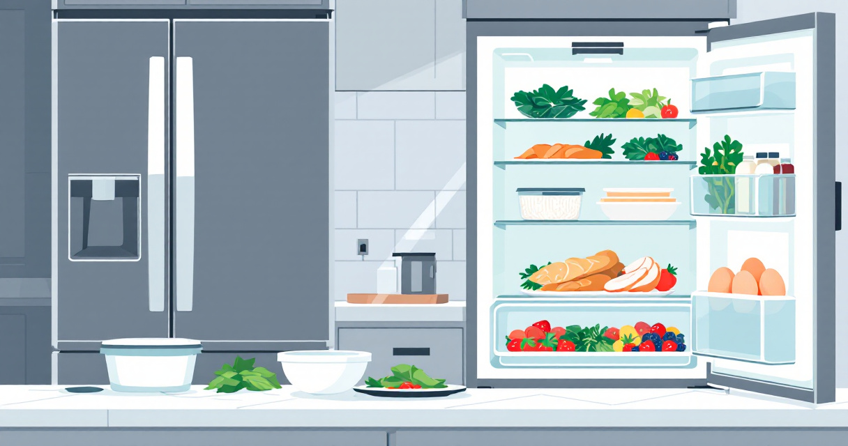 Open fridge and counter with flexible meal prep ingredients after an off-plan meal