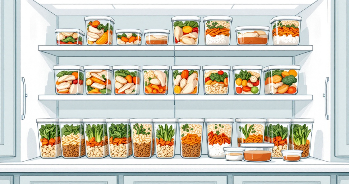 Organized weekly meal prep containers showing repeated ingredients and portion adjustments
