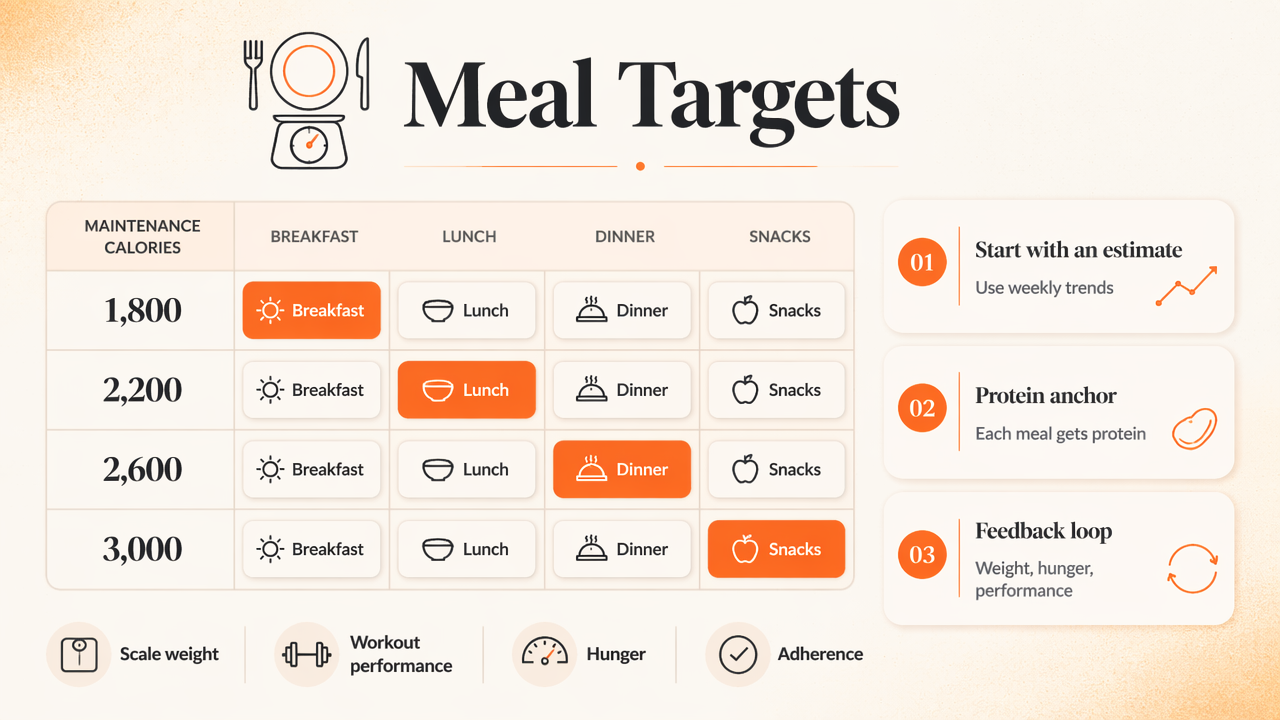 Editorial infographic of turning maintenance calories into meal targets and feedback cues.