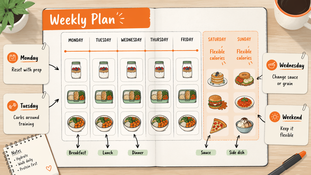 Annotated weekly planner showing repeatable weekdays and flexible weekend calories.