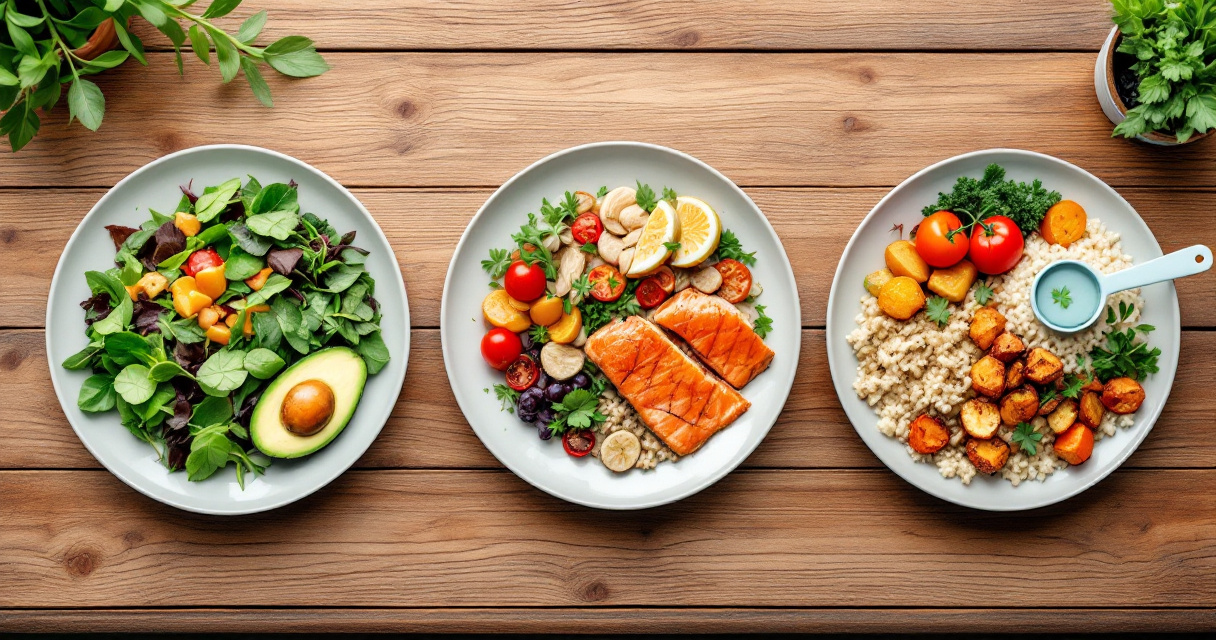 Three macro-friendly dinner plates showing different protein, carb, and fat balances