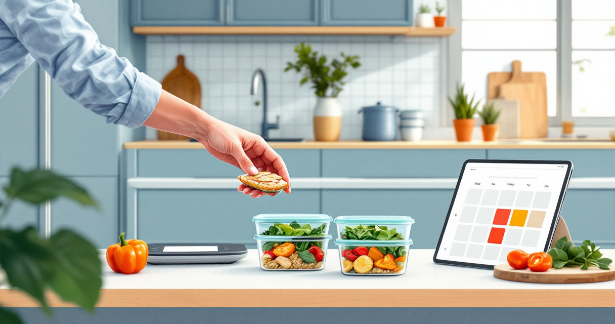 Hands preparing macro-friendly meal prep containers with a scale and planning tablet